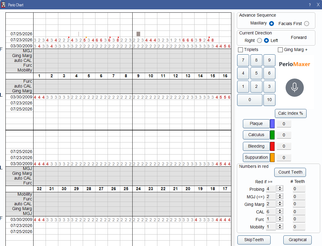 A periodontal chart open on an operatory computer, with the PerioMaxer microphone button pinned to it